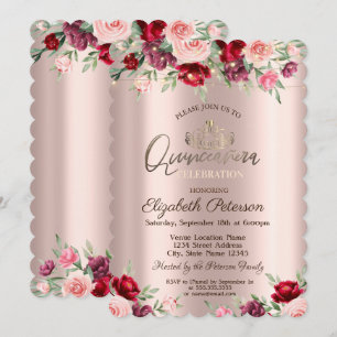 Tiara,String Lights,Roses, Rose Gold Quinceañera Invitation