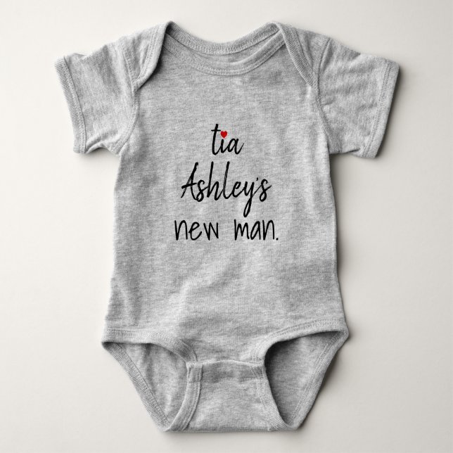 tia's new man personalised baby bodysuit (Front)