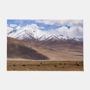 Tibet - Mountain landscape with yaks Doormat