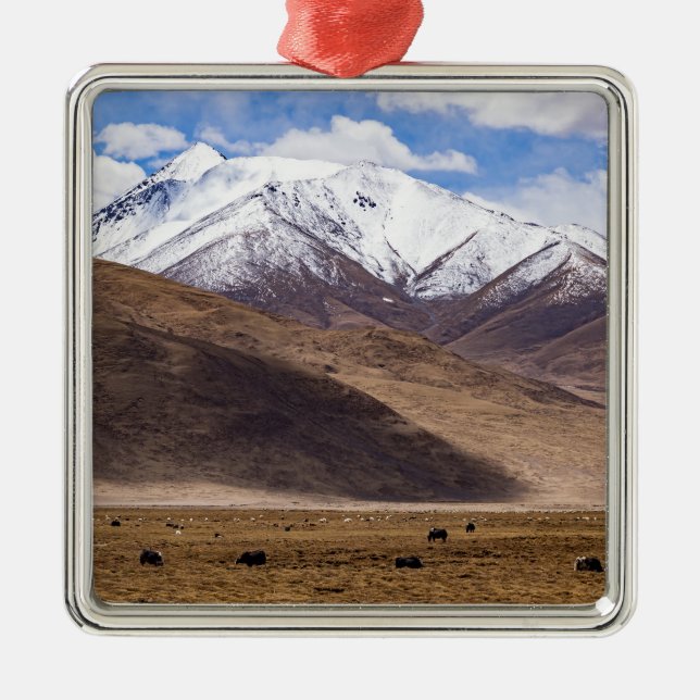 Tibet - Mountain landscape with yaks Metal Tree Decoration (Front)