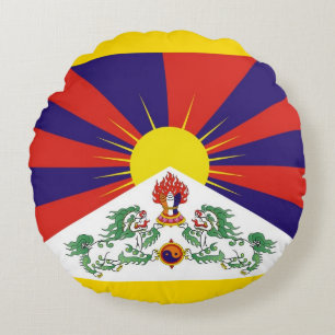 Tibet, Snow Lions, flag - The Himalayas Round Cushion