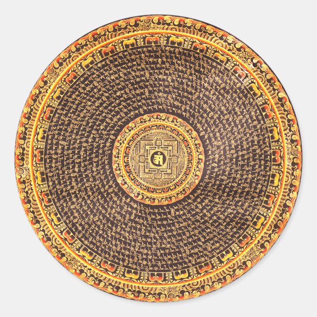 Tibetan Mandala Art (Gold & Black) Classic Round Sticker (Front)