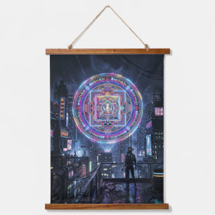 Tibetan Mandala Illuminating the Night: Cyberpunk Hanging Tapestry