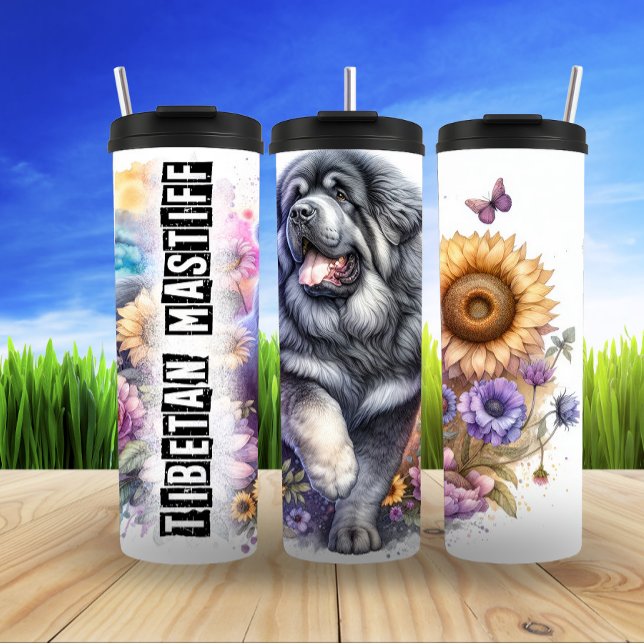 Tibetan Mastiff Among Flowers and Butterflies Thermal Tumbler (Creator Uploaded)