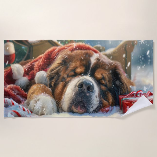 Tibetan Mastiff Dog Christmas Festive  Beach Towel (Front)