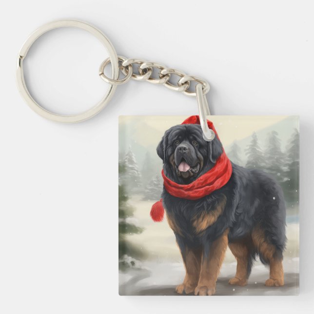 Tibetan Mastiff Dog in Snow Christmas  Key Ring (Front)