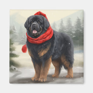 Tibetan Mastiff Dog in Snow Christmas Magnet