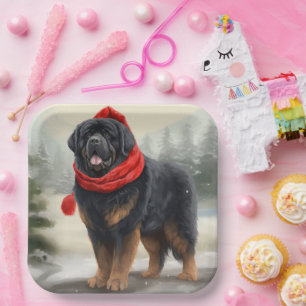 Tibetan Mastiff Dog in Snow Christmas Paper Plate
