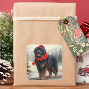 Tibetan Mastiff Dog in Snow Christmas  Square Sticker