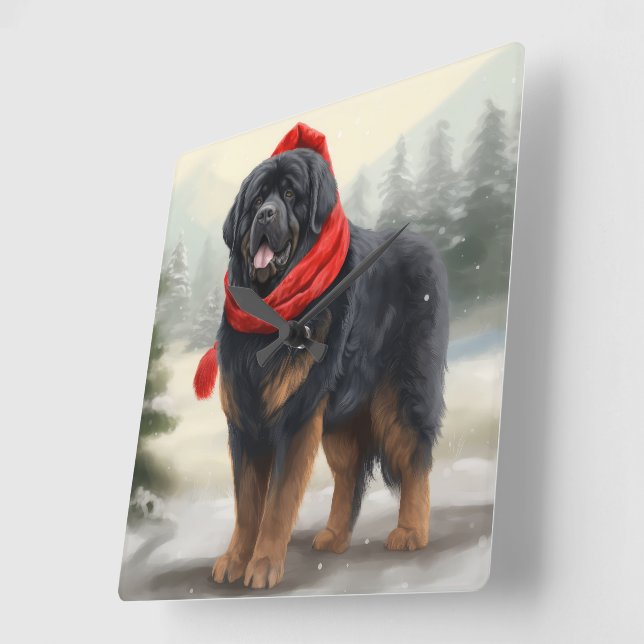Tibetan Mastiff Dog in Snow Christmas  Square Wall Clock (Angle)