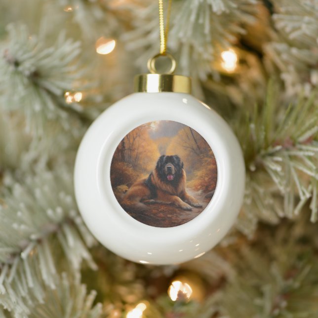 Tibetan Mastiff in Autumn Leaves Fall Inspire Ceramic Ball Christmas Ornament (Tree)