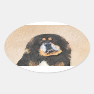 Tibetan Mastiff Painting - Cute Original Dog Art Oval Sticker