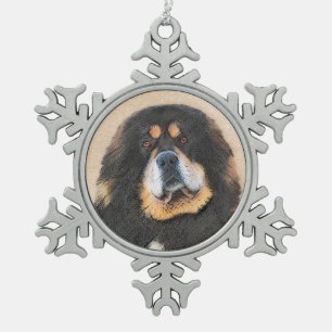 Tibetan Mastiff Painting - Cute Original Dog Art Snowflake Pewter Christmas Ornament