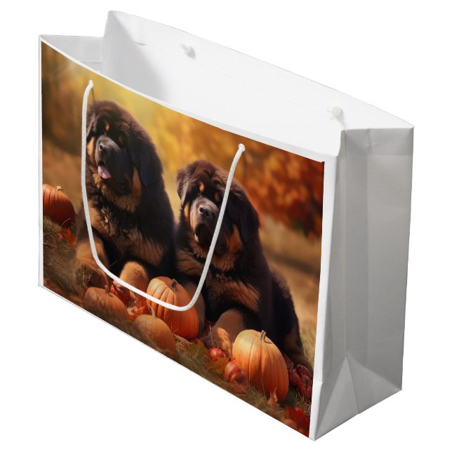 Tibetan Mastiff Puppy Autumn Delight Pumpkin  Large Gift Bag (Front Angled)