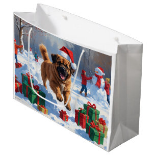 Tibetan Mastiff Running in Snow with Christmas Hat Large Gift Bag