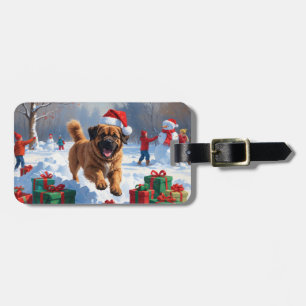 Tibetan Mastiff Running in Snow with Christmas Hat Luggage Tag
