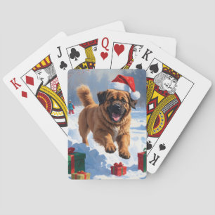 Tibetan Mastiff Running in Snow with Christmas Hat Playing Cards