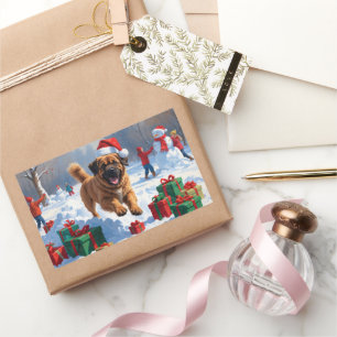 Tibetan Mastiff Running in Snow with Christmas Hat Rectangular Sticker
