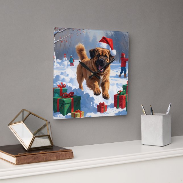 Tibetan Mastiff Running in Snow with Christmas Hat Square Wall Clock (Office)