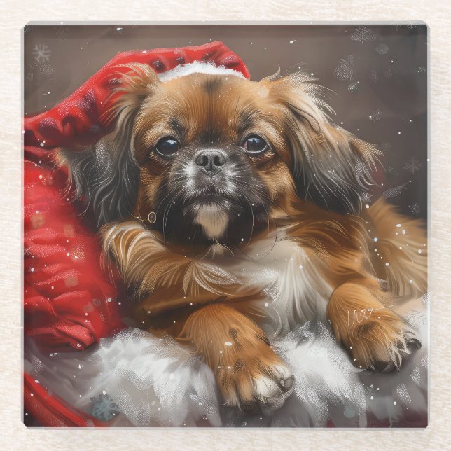 Tibetan Spaniel Dog Christmas Festive Glass Coaster (Front)