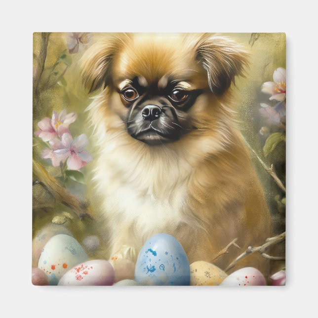 Tibetan Spaniel Dog with Easter Eggs Holiday Magnet (Front)