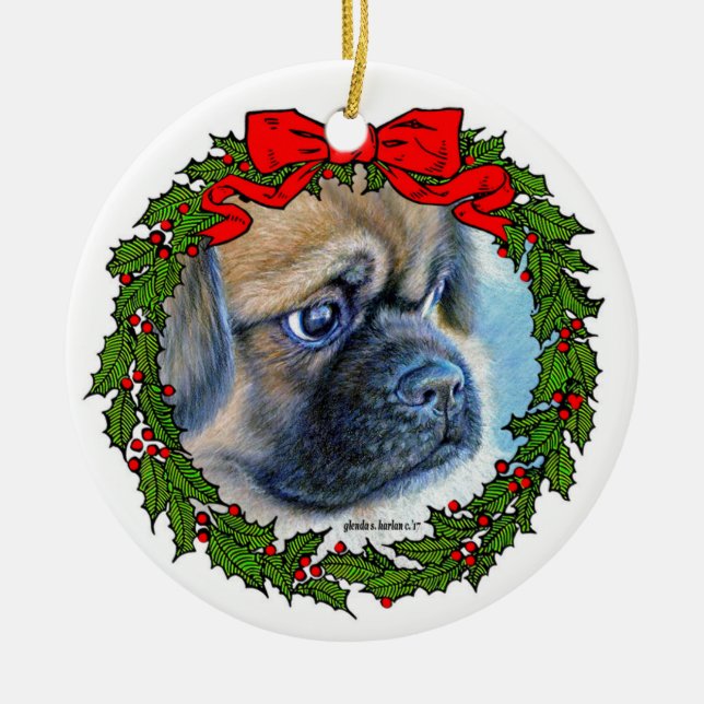 Tibetan Spaniel Drawing by Glenda S. Harlan Ceramic Tree Decoration (Front)
