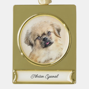 Tibetan Spaniel Painting - Cute Original Dog Art G Gold Plated Banner Ornament