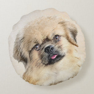 Tibetan Spaniel Painting - Cute Original Dog Art Round Cushion