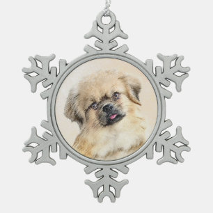 Tibetan Spaniel Painting - Cute Original Dog Art Snowflake Pewter Christmas Ornament