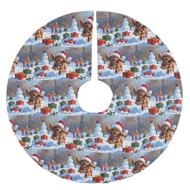 Tibetan Spaniel Running in Snow with Christmas Hat Brushed Polyester Tree Skirt (Front)