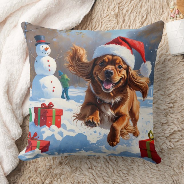 Tibetan Spaniel Running in Snow with Christmas Hat Cushion (Blanket)