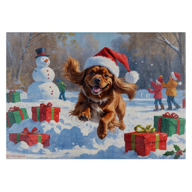 Tibetan Spaniel Running in Snow with Christmas Hat Cutting Board (Front)