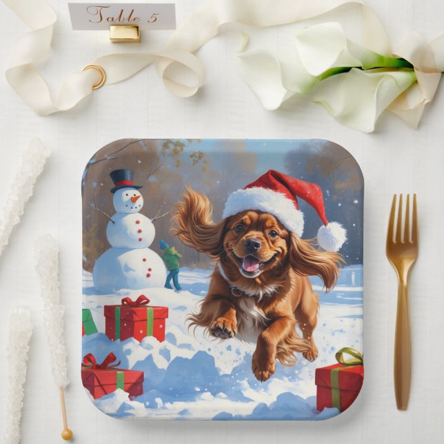 Tibetan Spaniel Running in Snow with Christmas Hat Paper Plate (Wedding)