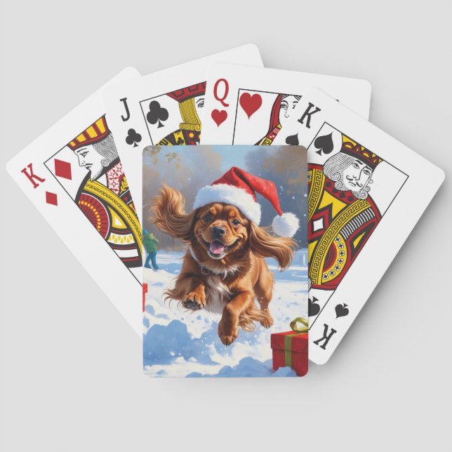 Tibetan Spaniel Running in Snow with Christmas Hat Playing Cards (Back)