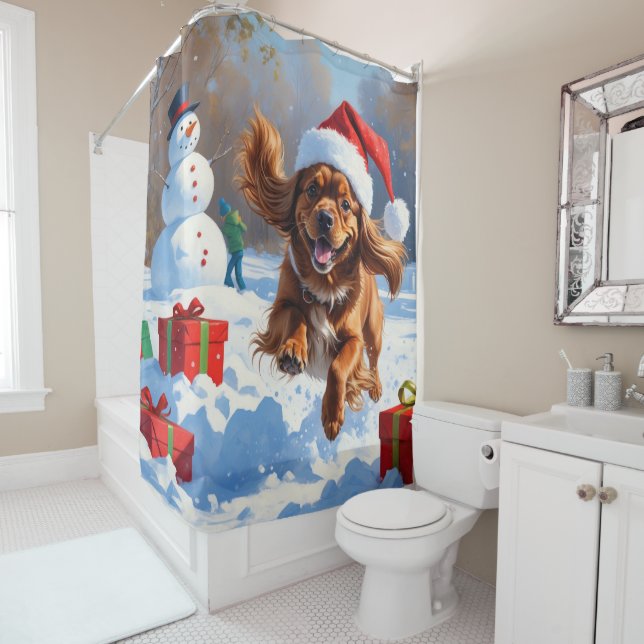 Tibetan Spaniel Running in Snow with Christmas Hat Shower Curtain (In Situ)