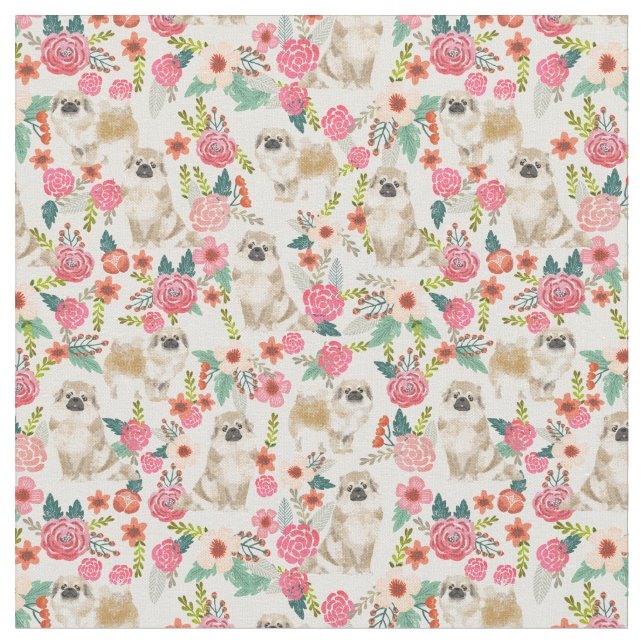 Tibetan Spaniel vintage florals cream Fabric (Close Up)