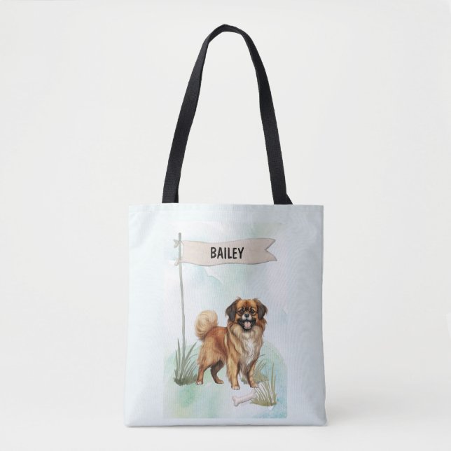 Tibetan Spaniel Watercolor Personalised Dog Tote Bag (Front)