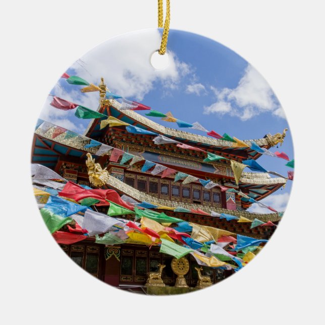 Tibetan Temple with prayer flags - Yunnan, China Ceramic Tree Decoration (Front)