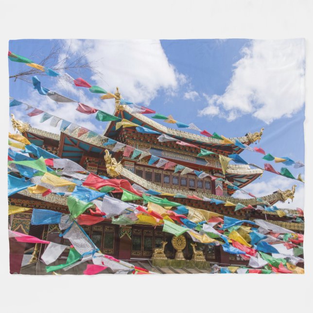 Tibetan Temple with prayer flags - Yunnan, China Fleece Blanket (Front (Horizontal))