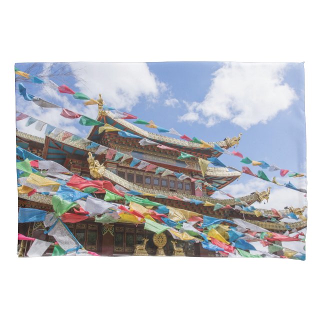 Tibetan Temple with prayer flags - Yunnan, China Pillowcase (Front)