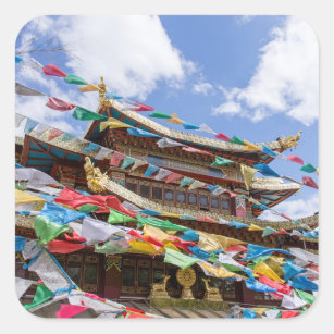 Tibetan Temple with prayer flags - Yunnan, China Square Sticker
