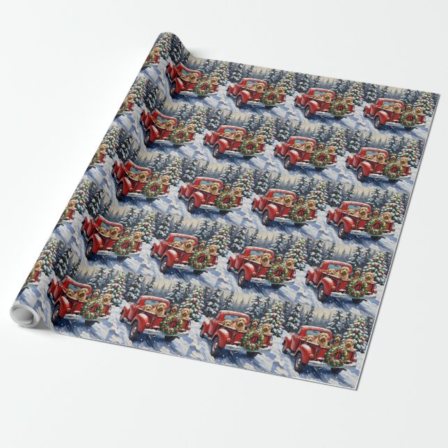 Tibetan Terrier Christmas Red Truck Holiday Wrapping Paper (Unrolled)