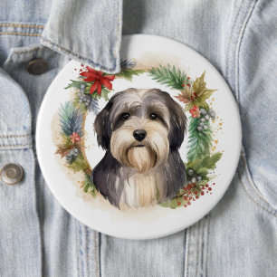 Tibetan Terrier Christmas Wreath Festive Pup  6 Cm Round Badge