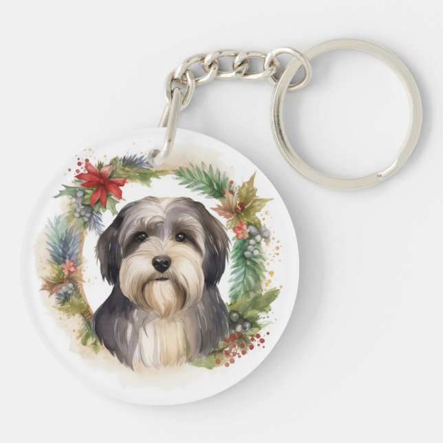 Tibetan Terrier Christmas Wreath Festive Pup  Key Ring (Back)