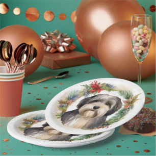 Tibetan Terrier Christmas Wreath Festive Pup Paper Plate