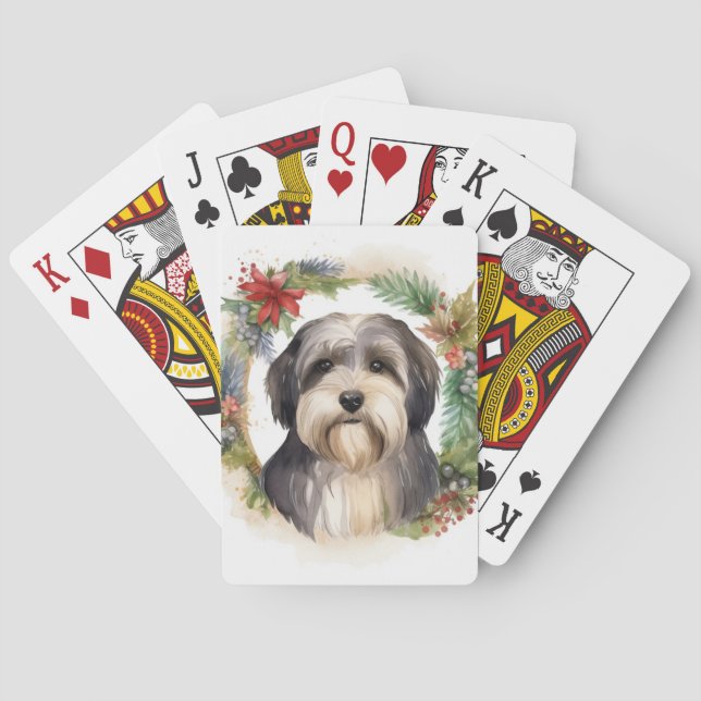Tibetan Terrier Christmas Wreath Festive Pup  Playing Cards (Back)