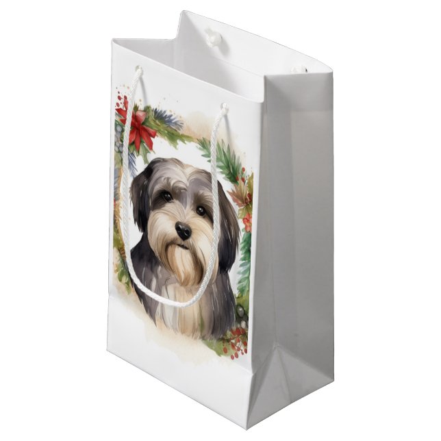 Tibetan Terrier Christmas Wreath Festive Pup  Small Gift Bag (Front Angled)