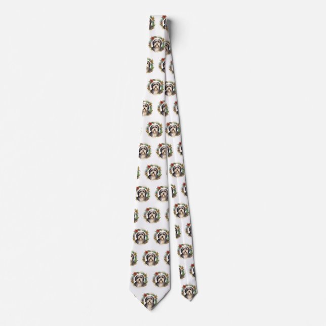Tibetan Terrier Christmas Wreath Festive Pup  Tie (Front)