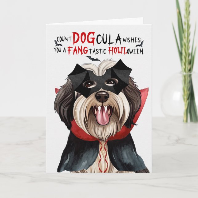 Tibetan Terrier Dog Funny Count DOGcula Halloween Holiday Card (Front)