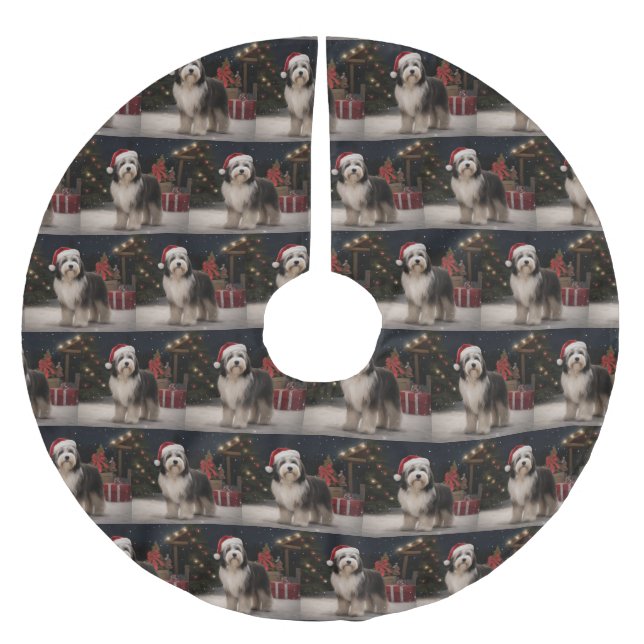 Tibetan Terrier Dog in Snow Christmas  Brushed Polyester Tree Skirt (Front)